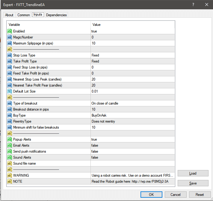 Trendline EA Settings version 1.83